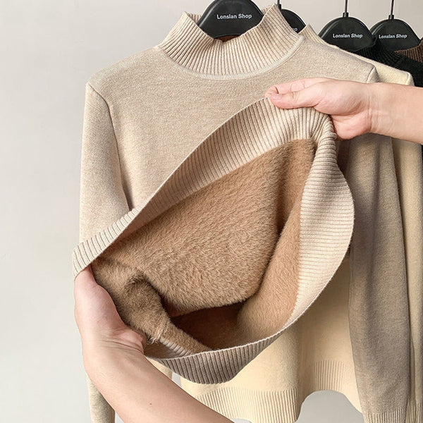 Women Thermal Knitted Longsleeves (Mockneck) w/ Soft Fleece Lining (fits XS - Med Built)